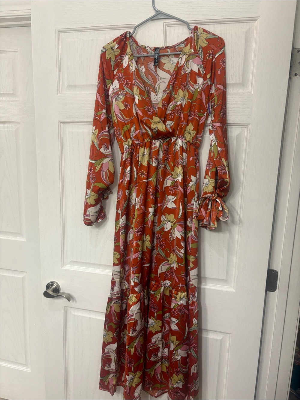 Red Floral Maxi Dress with V-Neck and Tie Cuffs